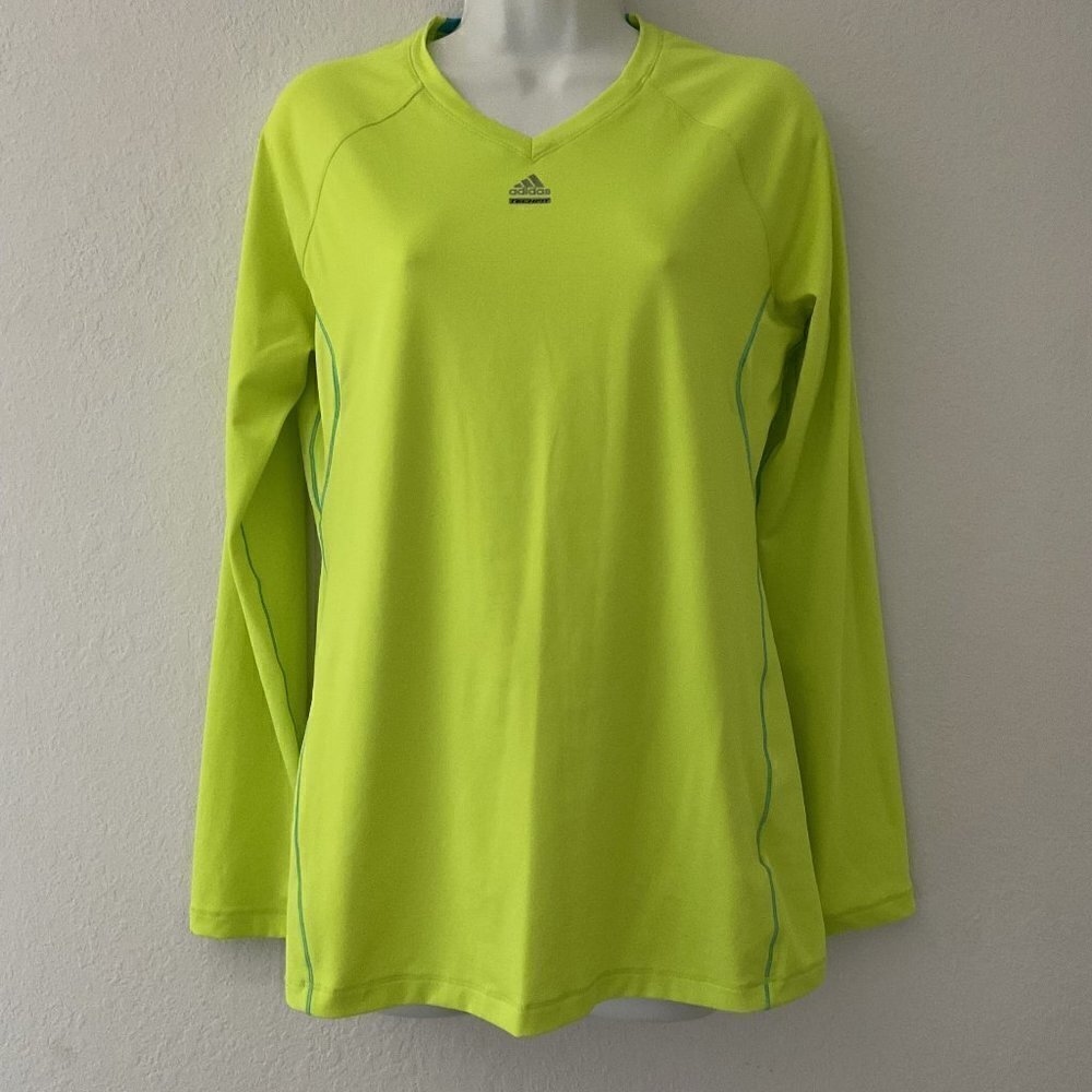 Adidas Climalite Techfit Neon Yellow V-Neck Long Sleeve Workout Top Women's M